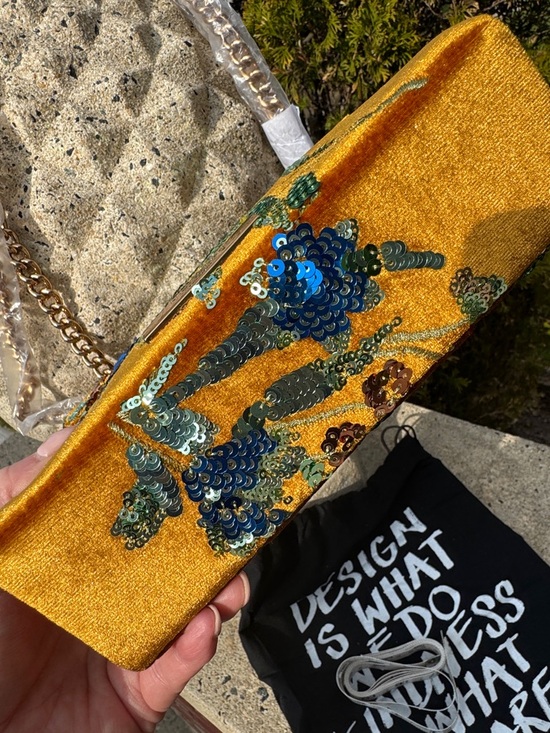 Kurt Geiger Mustard Gold Quilted Velvet Crossbody with Blue Sequin Floral - Picture 7 of 9